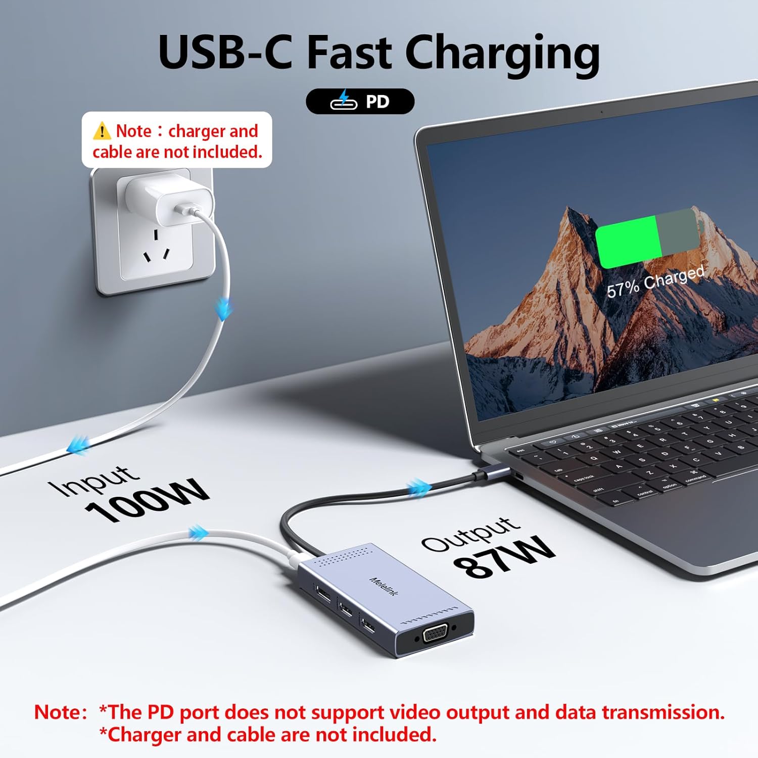 Melelink docking station demonstrating 100W PD fast charging connected to a laptop and power outlet.