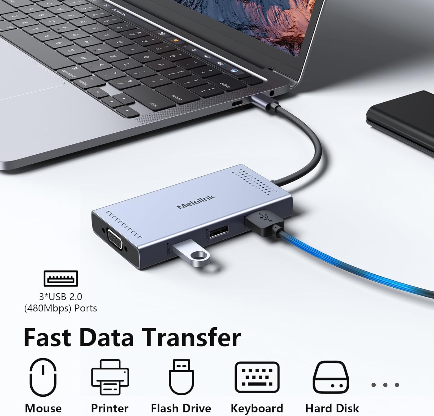 Melelink docking station connected to a laptop with mouse, USB drive, and hard disk plugged into the USB ports.