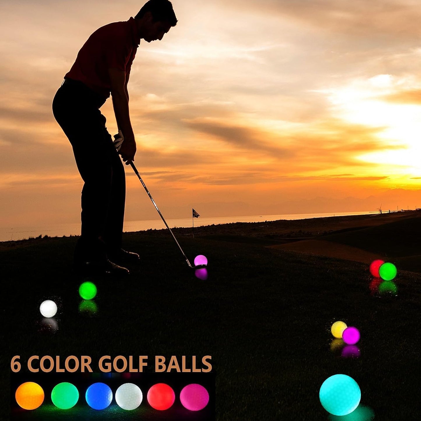 Golfer playing at sunset with glowing LED golf balls in multiple colors on the course.