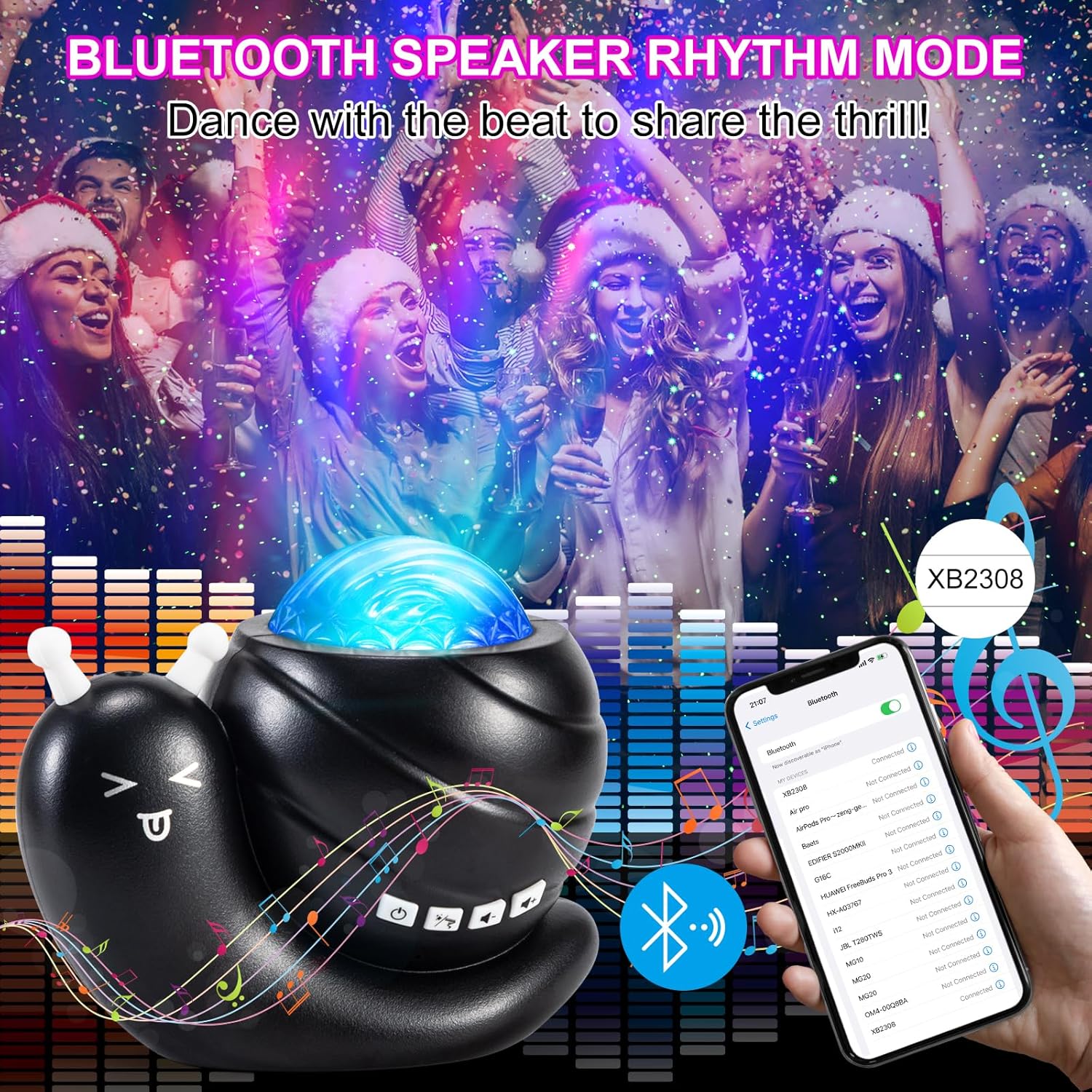 Bluetooth speaker mode with dancing lights synced to music on Northern Lights projector.