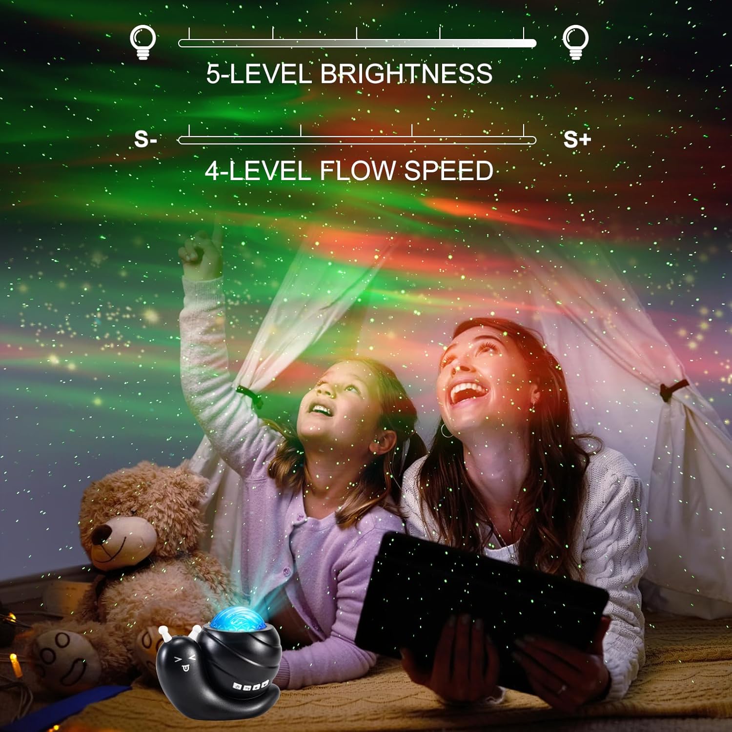 Mother and daughter enjoying the adjustable brightness and flow settings of Northern Lights projector.