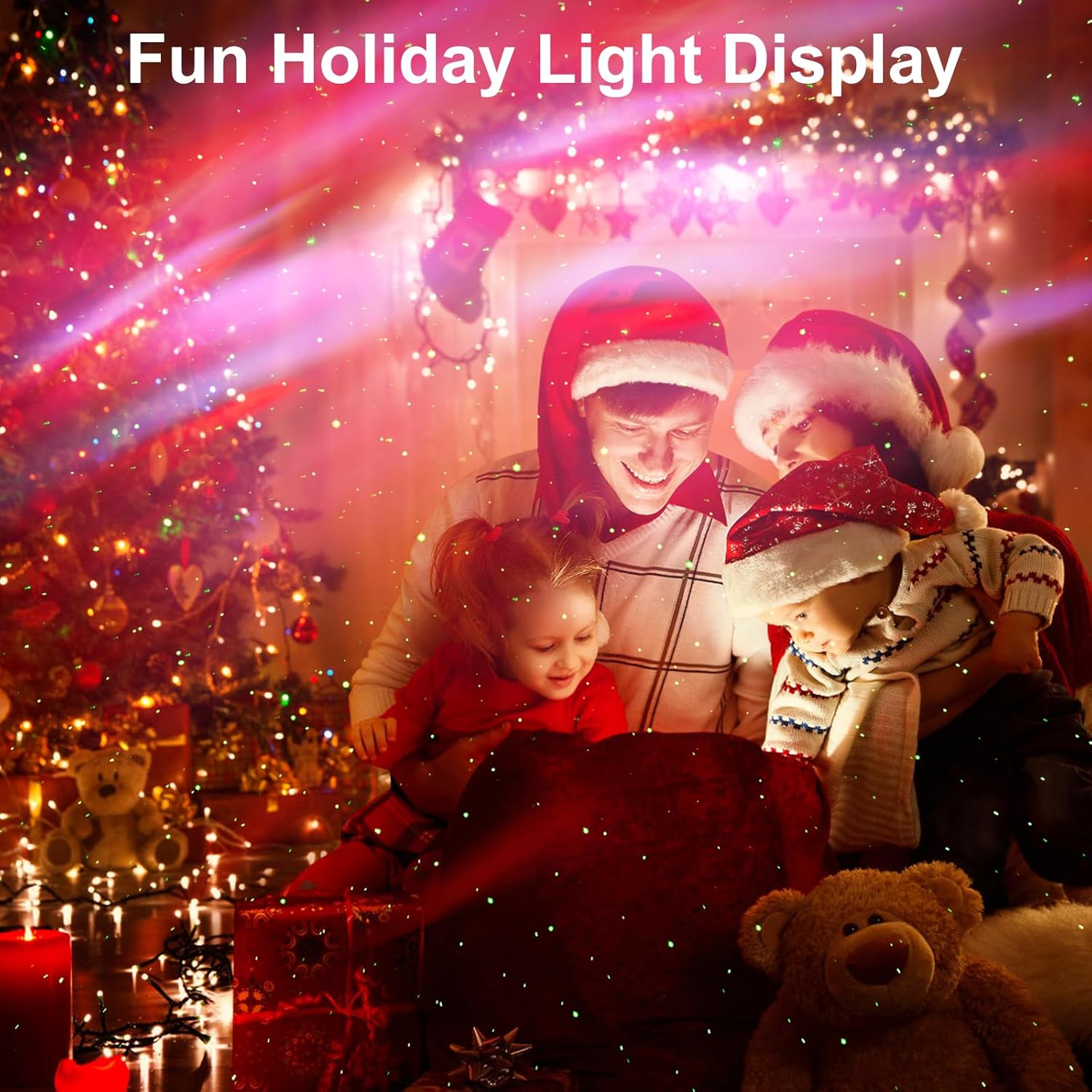 Family enjoying holiday light display with Northern Lights projector in a cozy Christmas setting.