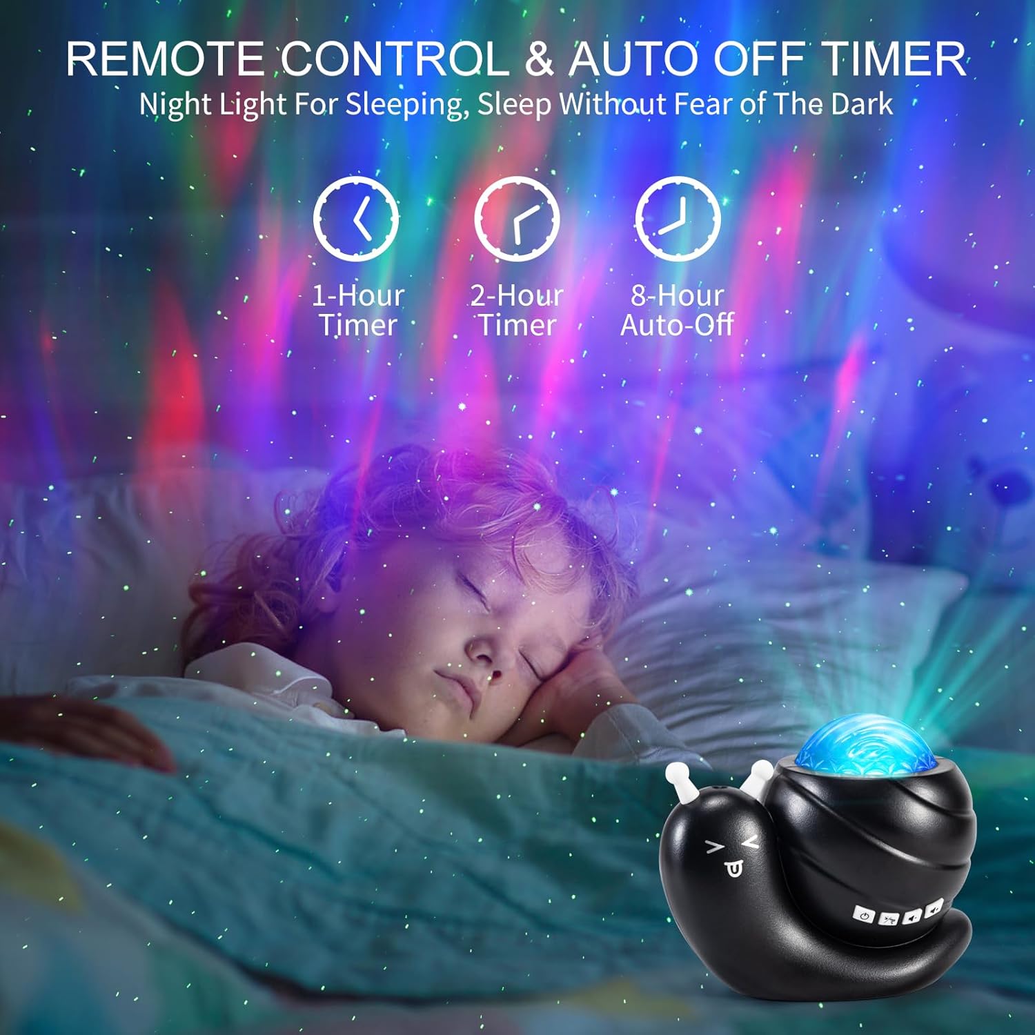 Child sleeping peacefully under the Northern Lights projector with soothing light display.