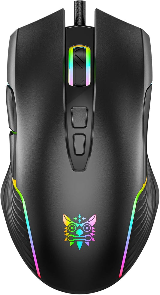 Top view of ONITOON wired gaming mouse with RGB lighting and tribal design.