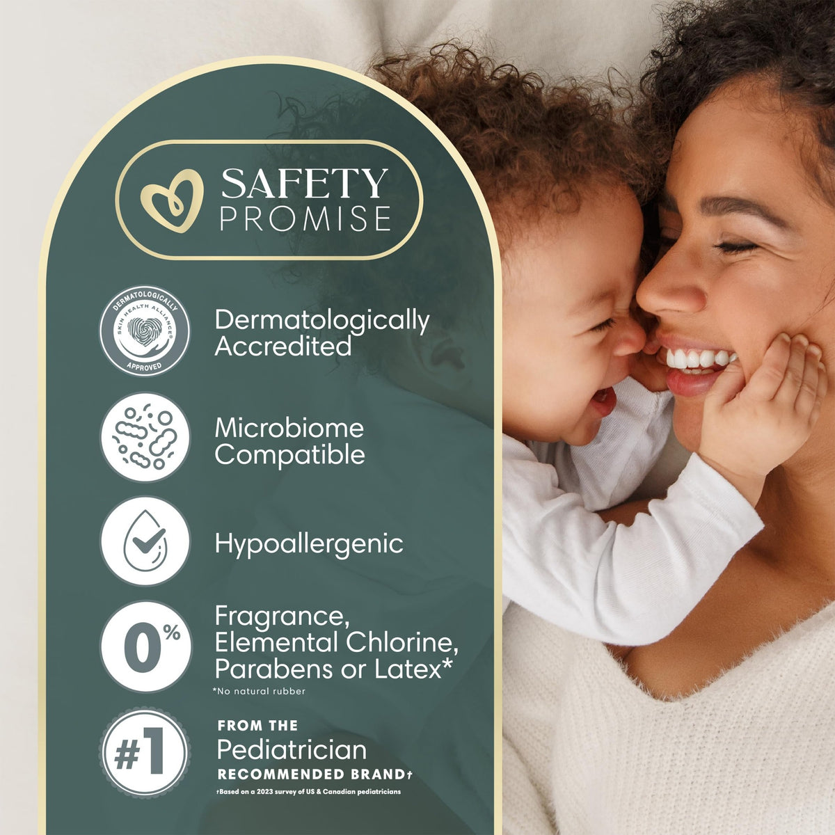 Pampers Amore safety promise with dermatological accreditation and hypoallergenic features