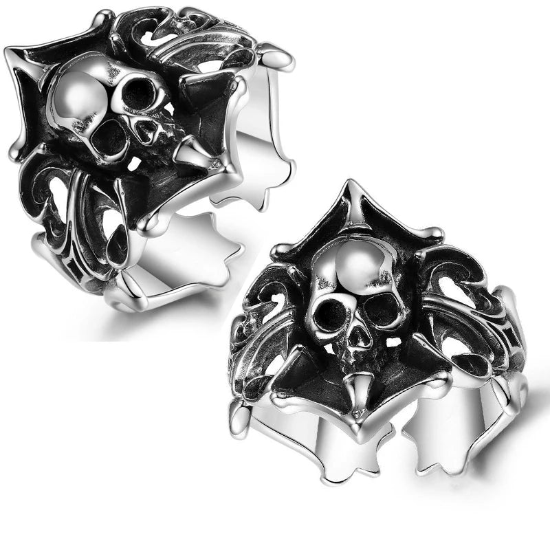 Two views of The Phantom Captain’s Crest ring, highlighting the skull and gothic details from multiple angles.