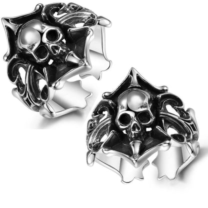 Two views of The Phantom Captain’s Crest ring, highlighting the skull and gothic details from multiple angles.