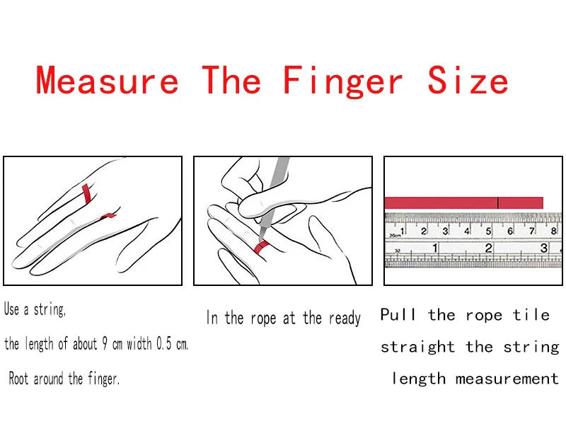 Finger measurement guide for sizing The Phantom Captain’s Crest ring, showing how to use a string and ruler.