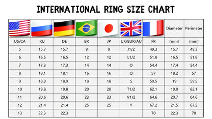 Size chart for the Pirate rings, showing international ring size conversions.