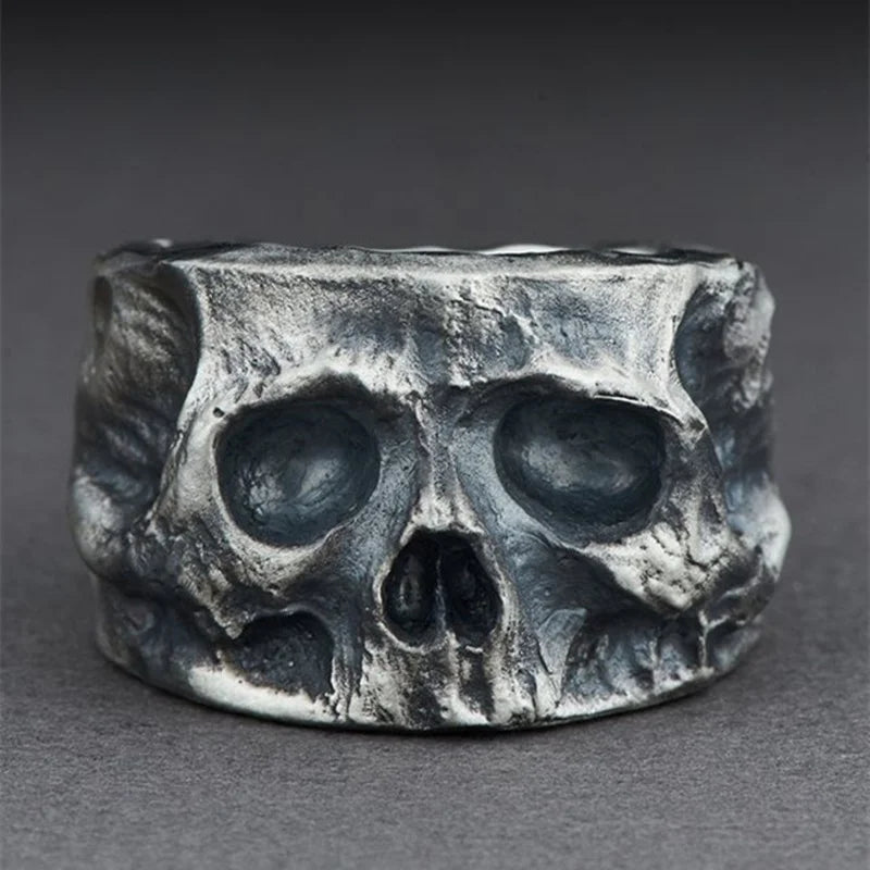 Close-up of gothic punk skull ring for men and women, available in sizes 8-13.