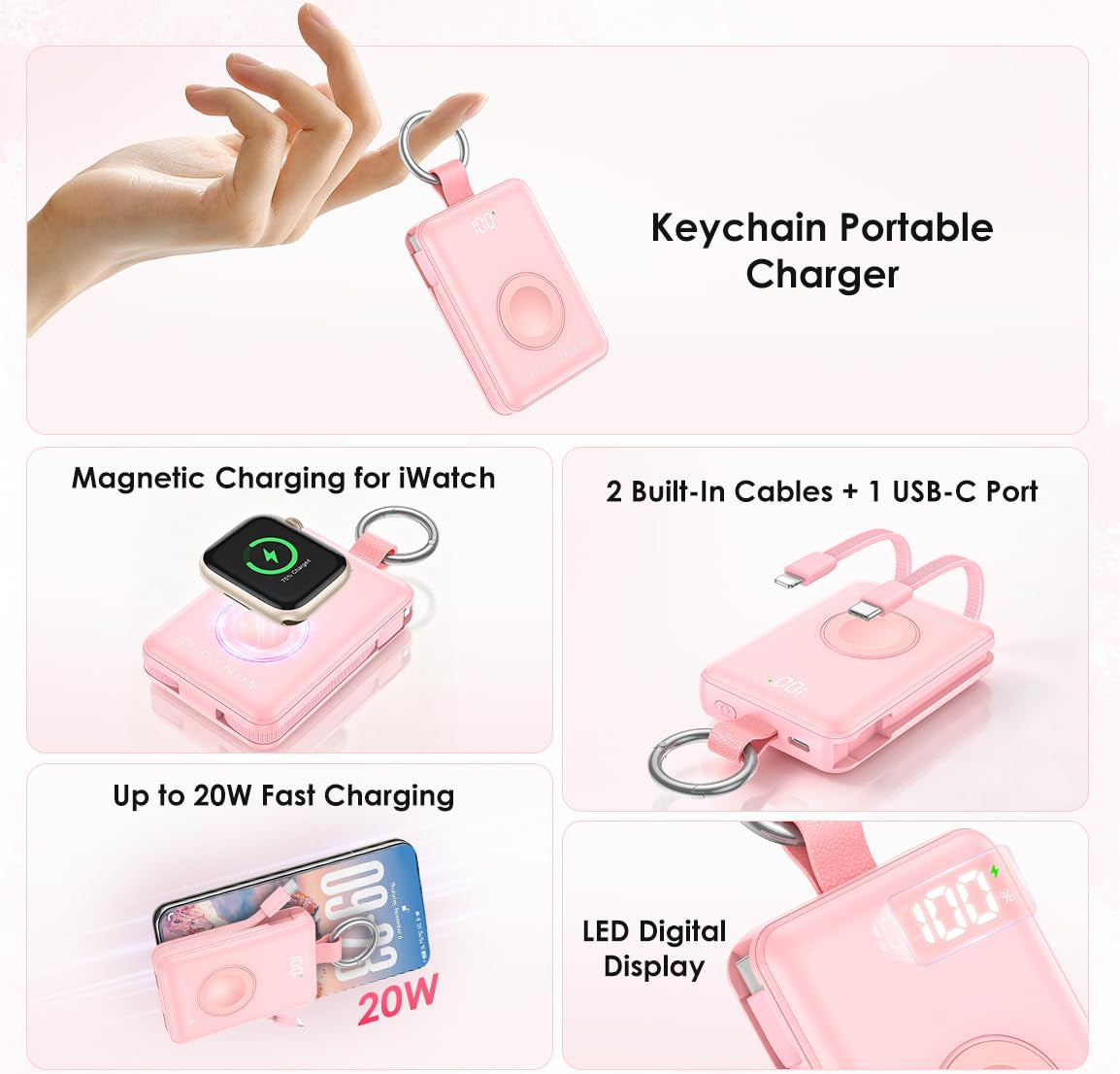 A promotional collage for a pink keychain portable charger. The top panel shows a hand holding the pink device, with text reading 'Keychain Portable Charger.