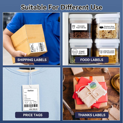 Label printer shown printing shipping labels, food labels on containers, price tags, and gift package stickers.