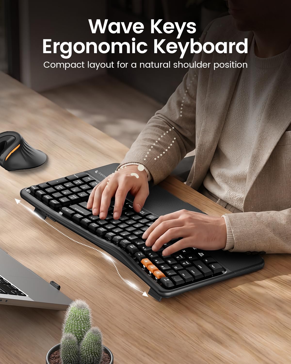 ProtoArc EK02 ergonomic wave keyboard in use at a desk for comfortable typing