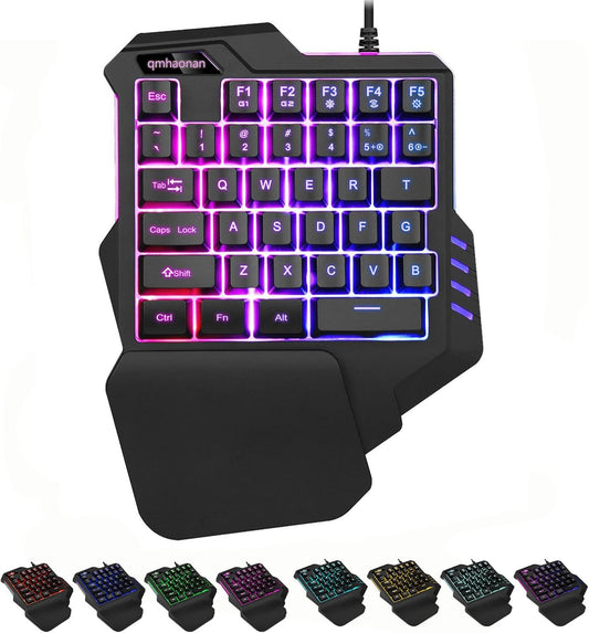 Top view of RGB gaming keypad with ergonomic wrist rest and illuminated keys in various colors.