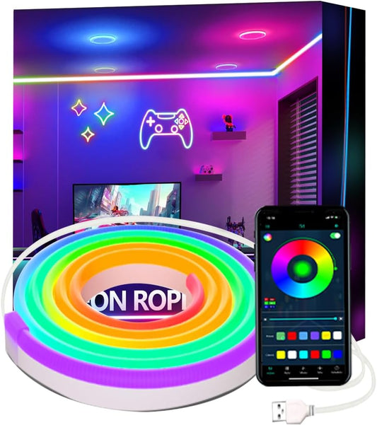 Colorful RGB-IC neon rope light setup in a gaming room, with phone app control and customizable lighting options.