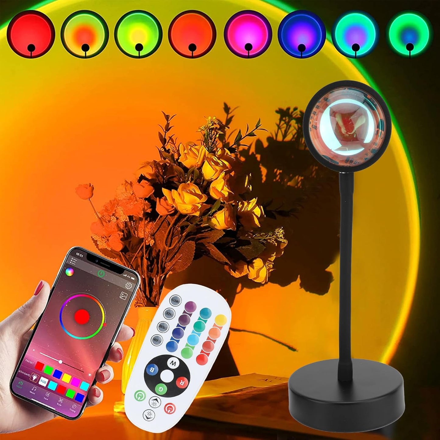 Multiple color modes of the sunset lamp, including sunset red, rainbow, and summer yellow projections.