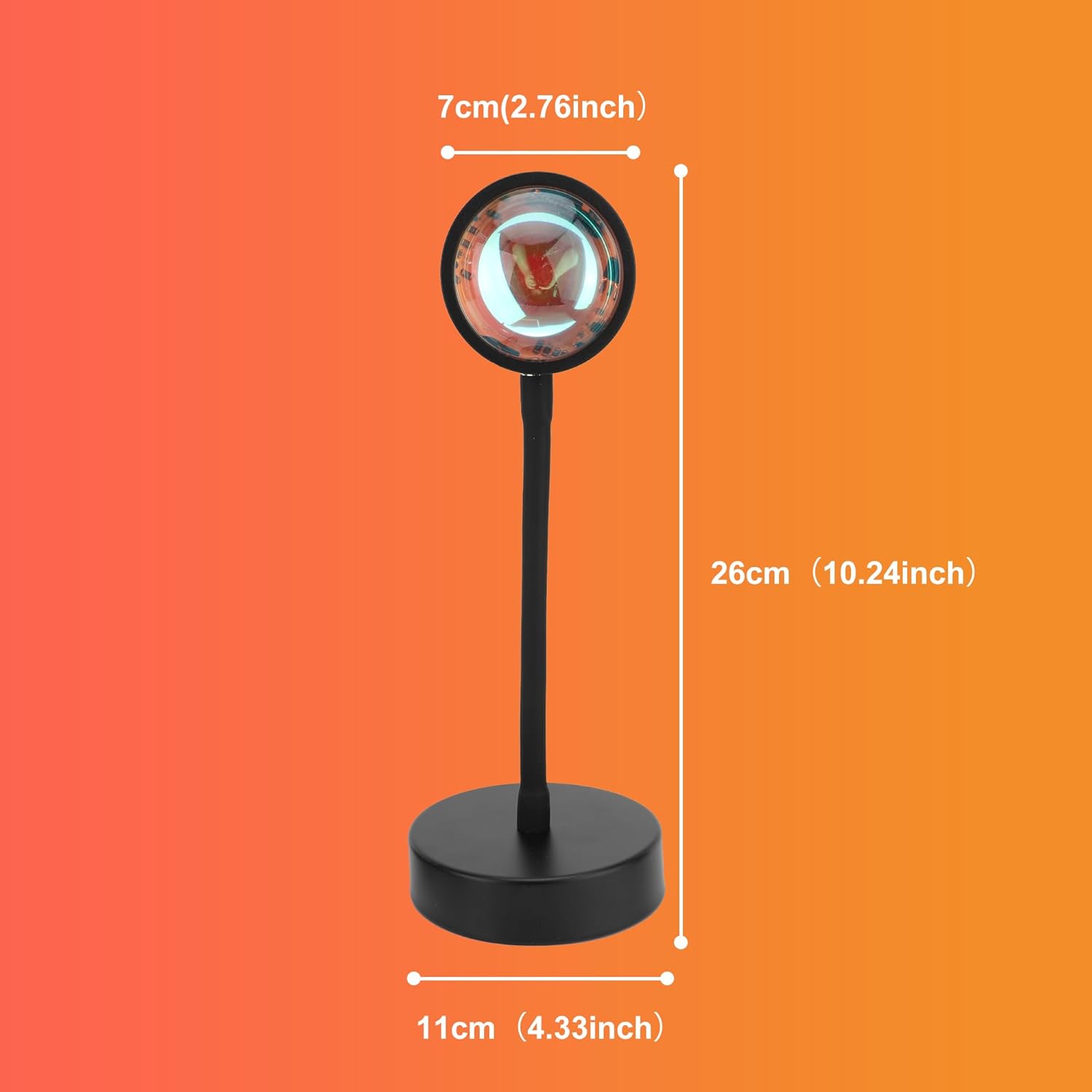 Dimensions of the sunset lamp with 26 cm height and 11 cm base diameter displayed on an orange gradient background.