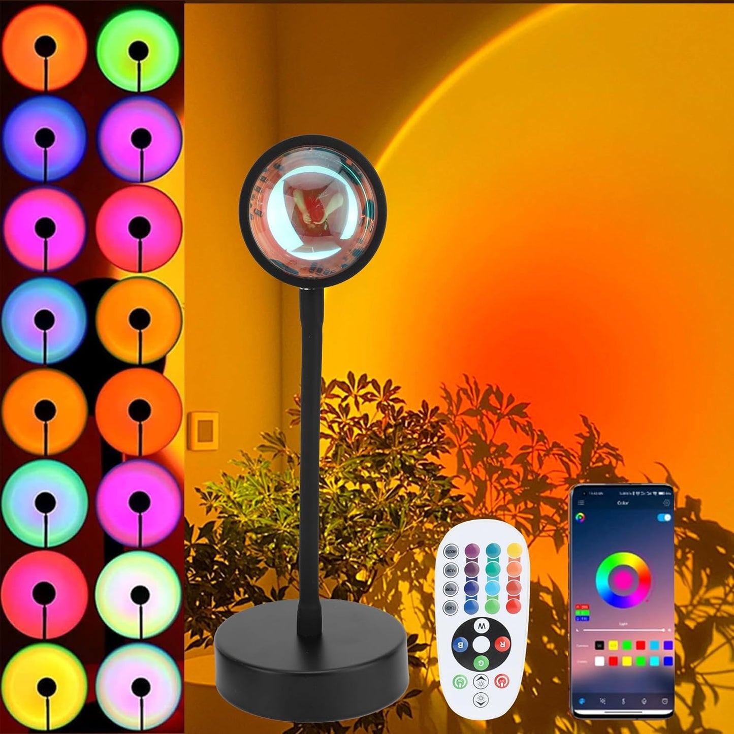 Sunset projection lamp with app and remote control, displaying colorful lights on a wall background.