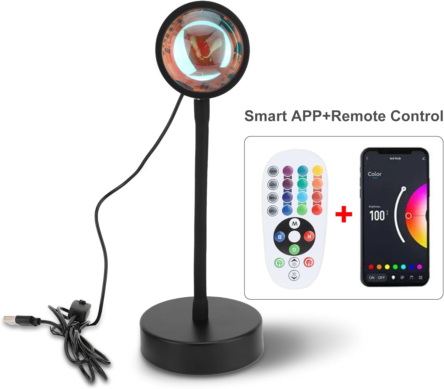 Close-up side view of the lamp with its USB cable connected, featuring the remote and app on display.