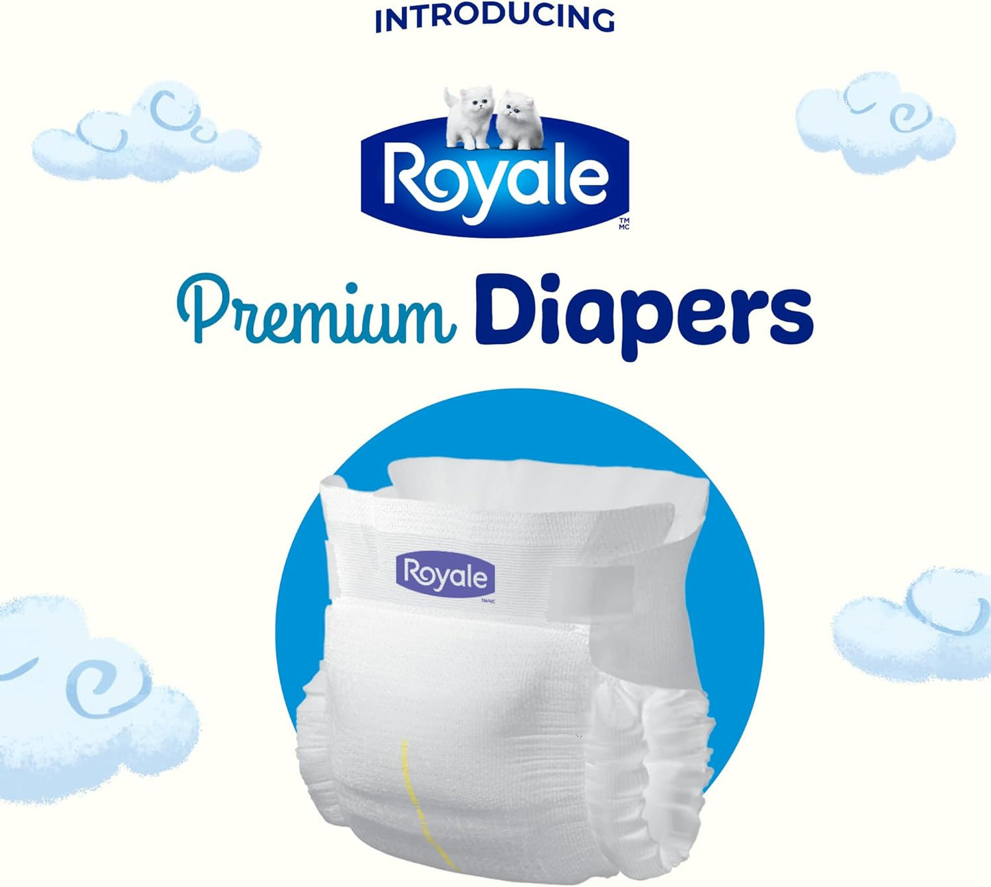 Close-up of a single Royale Premium Baby Diaper against a blue and cloud-themed background.