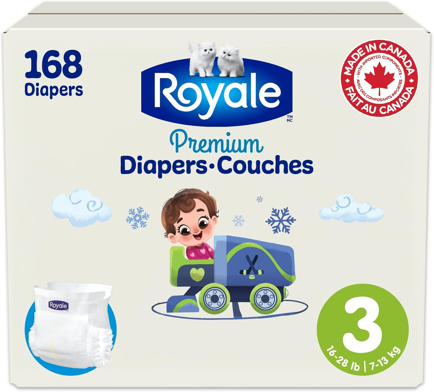 Box of Royale Premium Baby Diapers, size 3, 168-count, with a playful baby illustration.