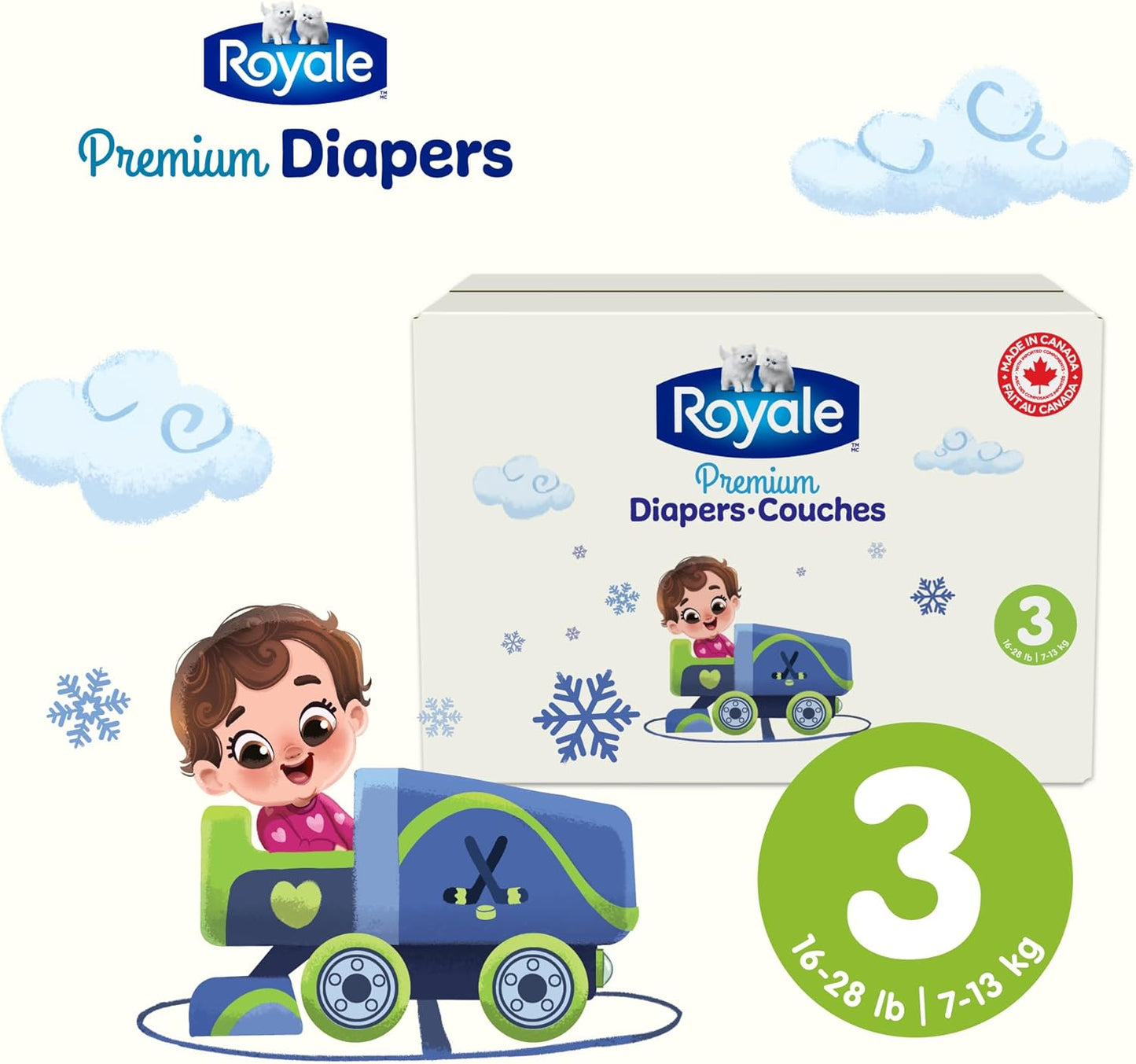 Box of Royale Premium Diapers, size 3, for babies 16-28 lb, with illustration of a happy baby in a snow scene.