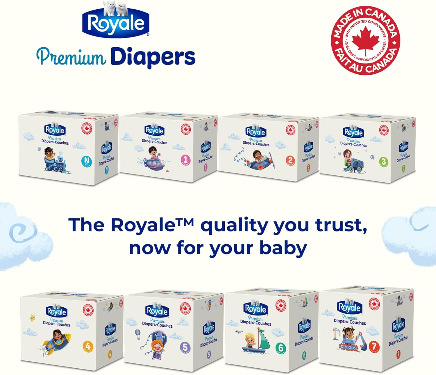 Display of Royale Premium Diaper boxes in different sizes from N to 7, with Made in Canada seal.