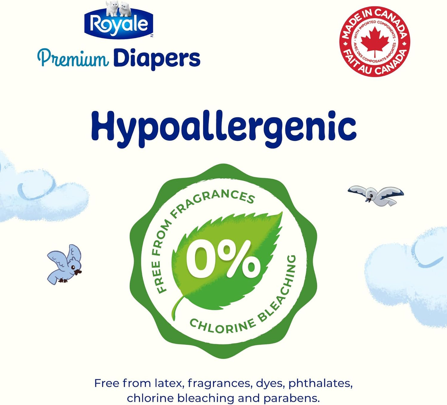 Hypoallergenic seal on Royale Diapers packaging, showing 0% fragrances and chlorine bleaching.