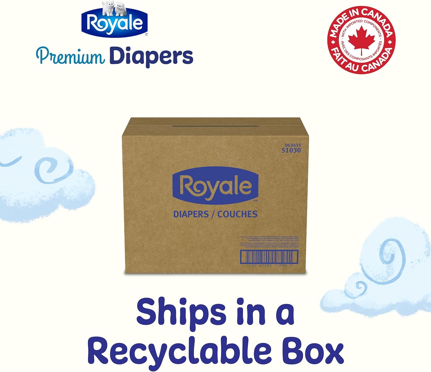 Eco-friendly recyclable box for Royale Diapers with Made in Canada branding.