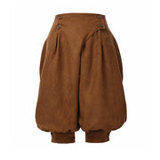 Brown Renaissance pirate breeches with gathered cuffs and decorative buttons