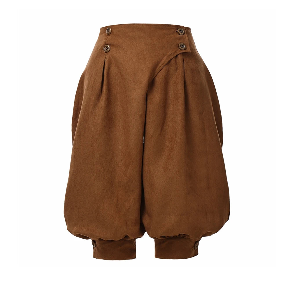 Brown Renaissance pirate breeches with gathered cuffs and decorative buttons