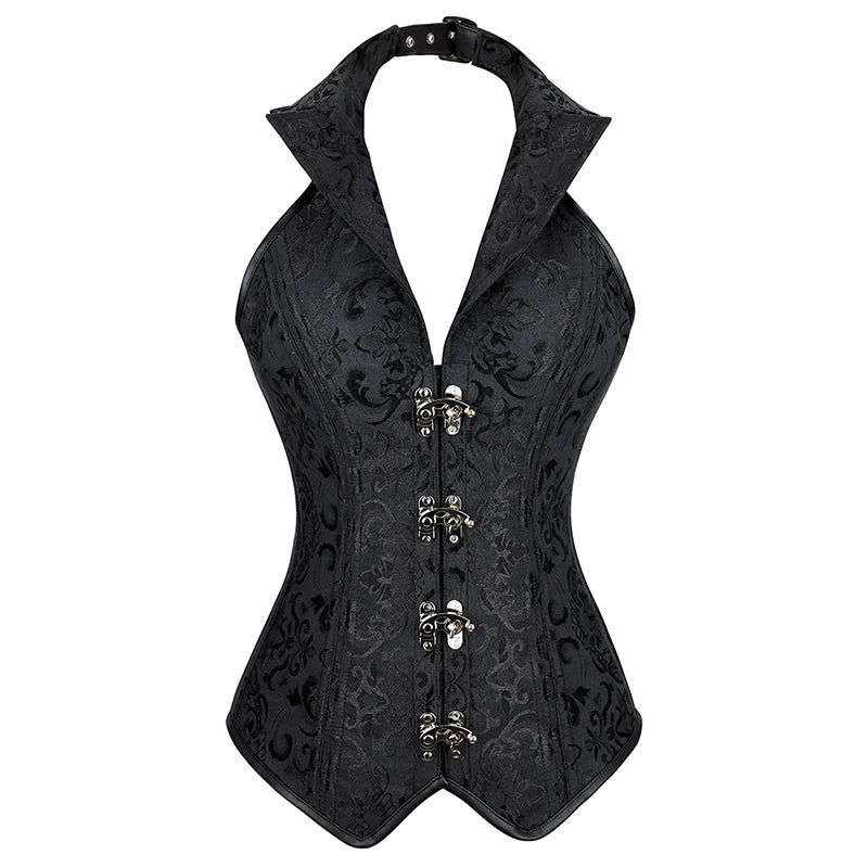 Black collared clasp overbust corset, front view with halter collar and metal clasp closures