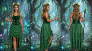 Green ruffled skirt shown in three Renaissance-inspired outfits