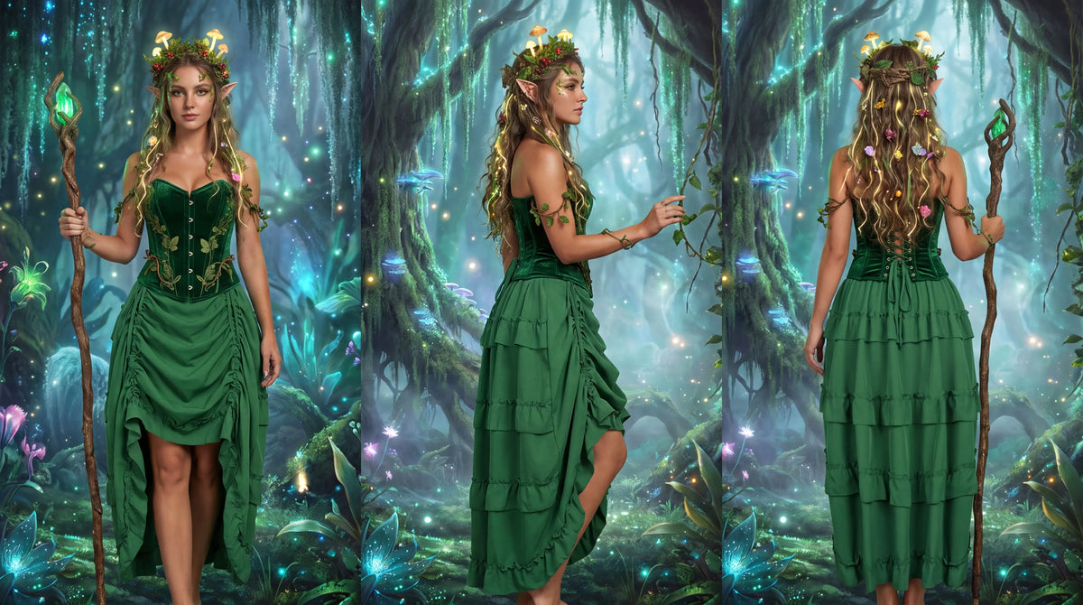 Green ruffled skirt shown in three Renaissance-inspired outfits