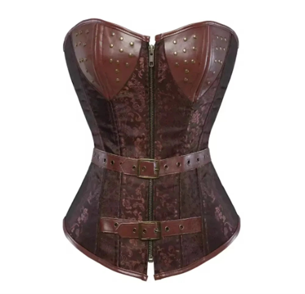 Brown floral overbust corset with studded bust panels, front zipper and two buckle straps