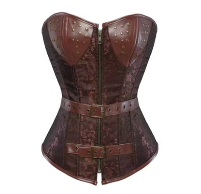 Brown Floral Zip-Front Overbust Corset with Studded Detail
