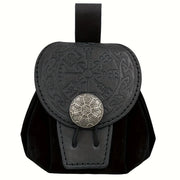 Black medieval belt pouch with a decorative round flap