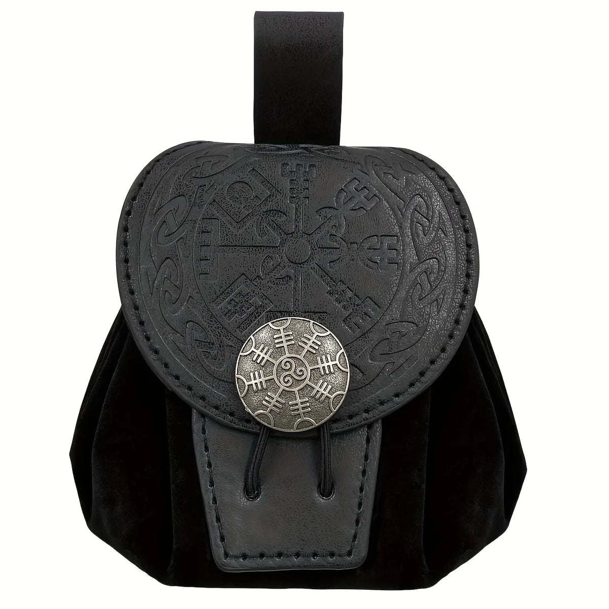 Black medieval belt pouch with a decorative round flap