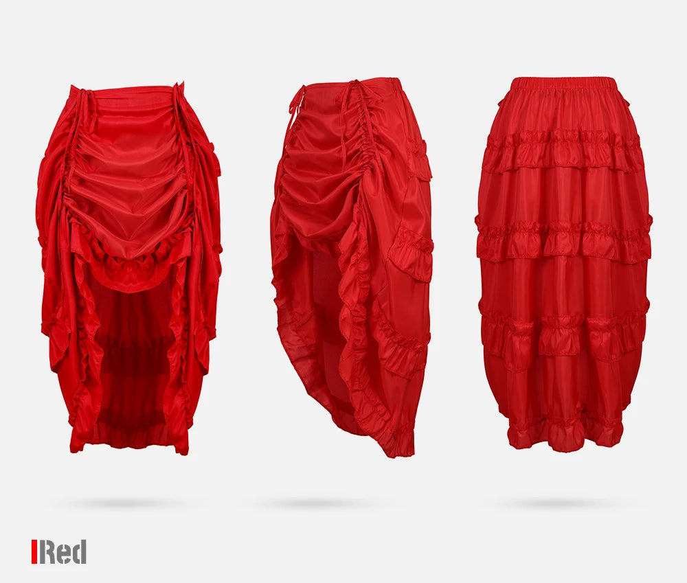 Red ruffled skirt shown from front, side and back