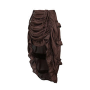 Side view of the brown high-low ruffled skirt