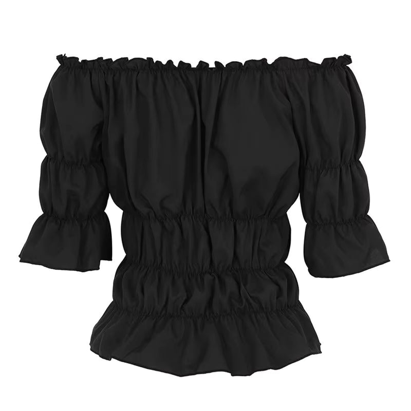 Black off-shoulder peasant blouse with ruffled sleeves, front view
