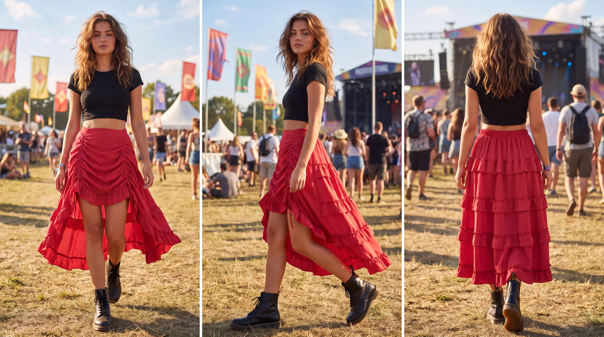 Red ruffled skirt styled in Renaissance-inspired outfits