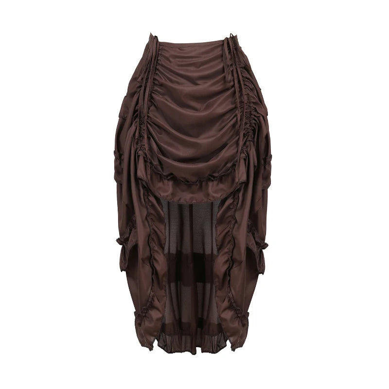 Brown high-low pirate skirt with gathered front and ruffled hem