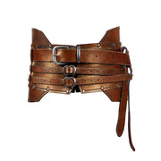 Light brown wide faux-leather pirate costume belt with three buckle straps and riveted panels