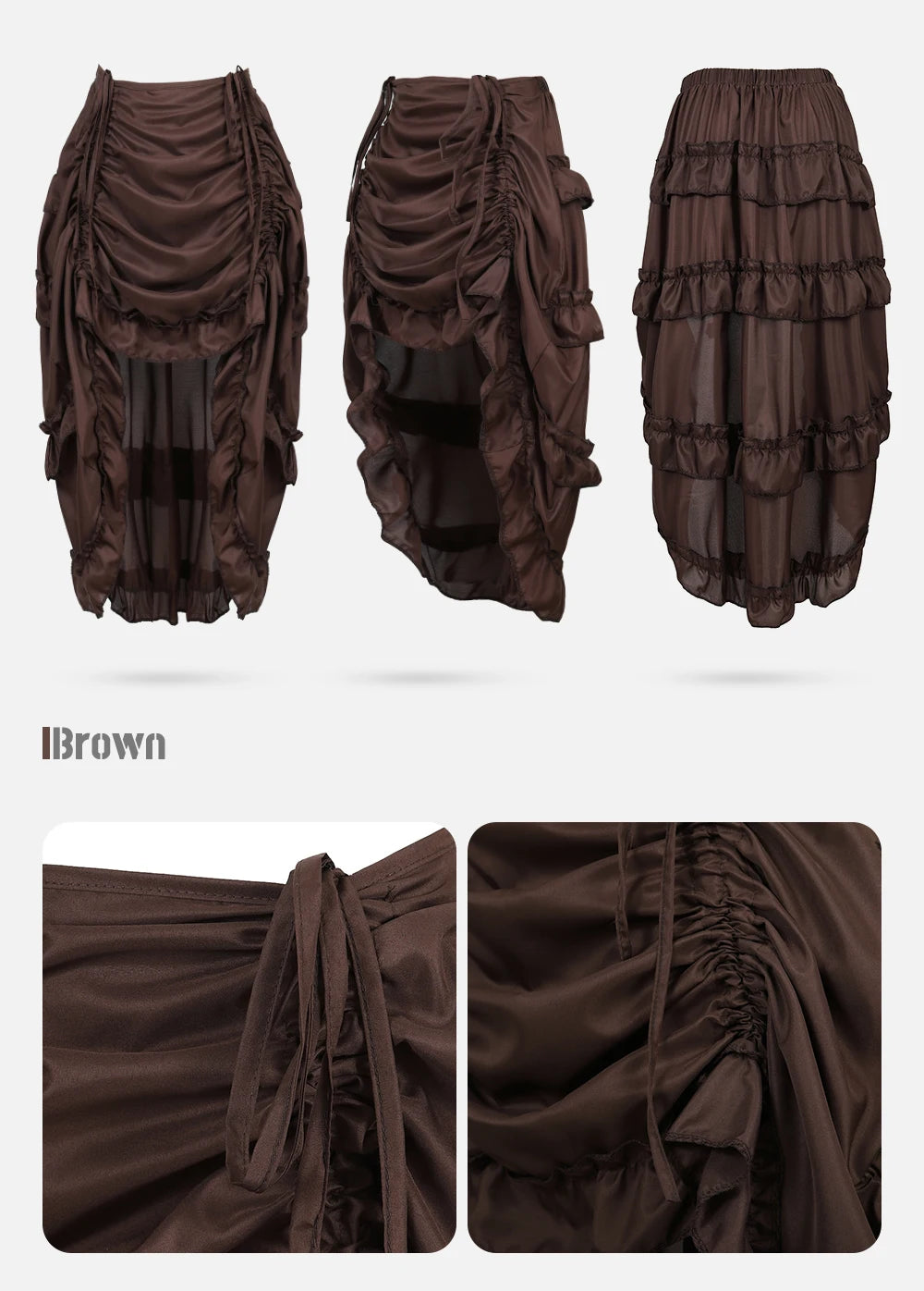 Brown ruffled skirt, silhouette and gathered detail views