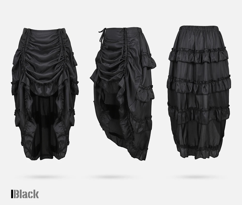 Black ruffled skirt shown from front, side and back