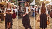Brown ruffled skirt styled with a blouse and corset at a Renaissance fair