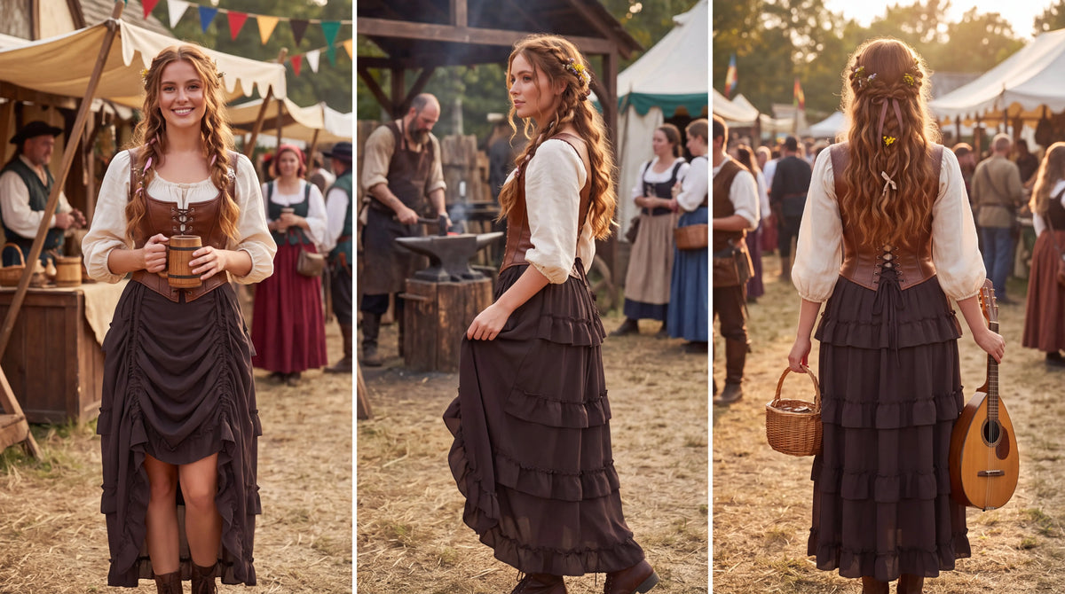 Brown ruffled skirt styled with a blouse and corset at a Renaissance fair