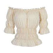 Cream off-shoulder peasant blouse with ruffled sleeves, front view