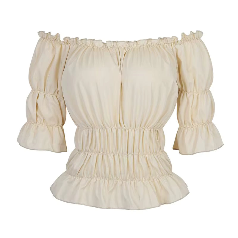 Cream off-shoulder peasant blouse with ruffled sleeves, front view